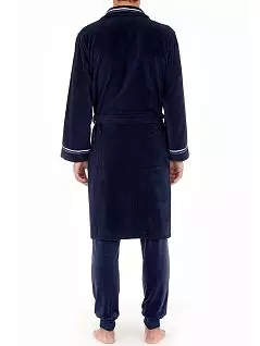 Хлопковый халат с лёгкими штрихами в виде двух декоративных полосок белого и бирюзового цвета на отложном воротнике и по краю рукавов темно-синего цвета HOM 40c2443c00RA